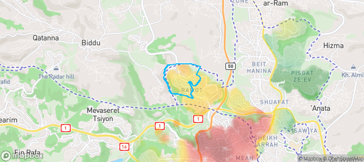 מפת חום של מחירי הנדל"ן בשכונת רמות, ירושלים — אזורים יקרים בגווני חם, אזורים זולים בגווני קר