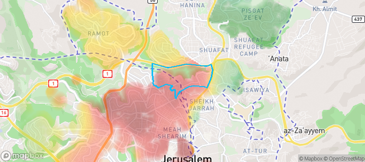 מפת חום של מחירי הנדל"ן בשכונת רמת אשכול, ירושלים — אזורים יקרים בגווני חם, אזורים זולים בגווני קר