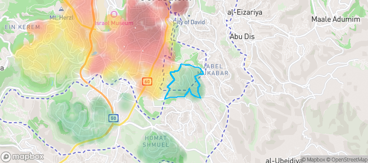 מפת חום של מחירי הנדל"ן בשכונת תלפיות מזרח, ירושלים — אזורים יקרים בגווני חם, אזורים זולים בגווני קר