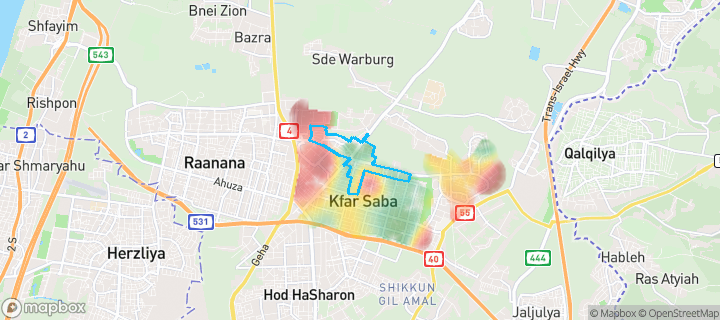 מפת חום של מחירי הנדל"ן בשכונת אליעזר, כפר סבא — אזורים יקרים בגווני חם, אזורים זולים בגווני קר