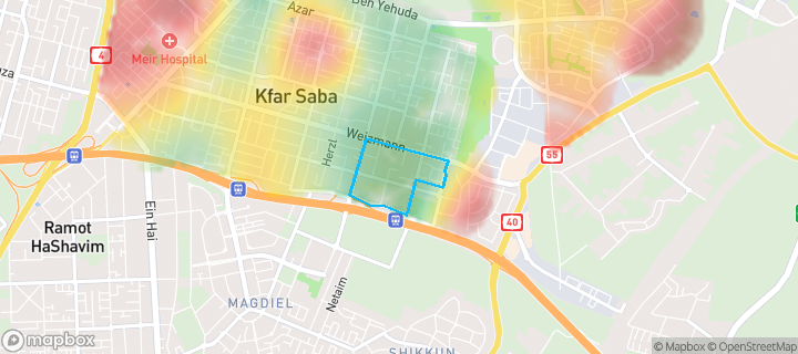 מפת חום של מחירי הנדל"ן בשכונת דרום מזרח 1, כפר סבא — אזורים יקרים בגווני חם, אזורים זולים בגווני קר