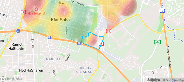 מפת חום של מחירי הנדל"ן בשכונת דרום מזרח 2, כפר סבא — אזורים יקרים בגווני חם, אזורים זולים בגווני קר
