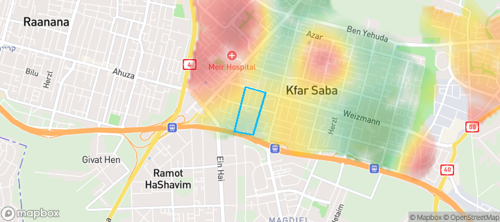 מפת חום של מחירי הנדל"ן בשכונת דרום מערב 1, כפר סבא — אזורים יקרים בגווני חם, אזורים זולים בגווני קר