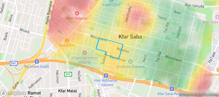 מפת חום של מחירי הנדל"ן בשכונת דרום מערב 2, כפר סבא — אזורים יקרים בגווני חם, אזורים זולים בגווני קר