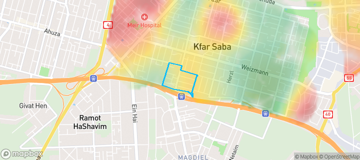 מפת חום של מחירי הנדל"ן בשכונת דרום מערב 3, כפר סבא — אזורים יקרים בגווני חם, אזורים זולים בגווני קר