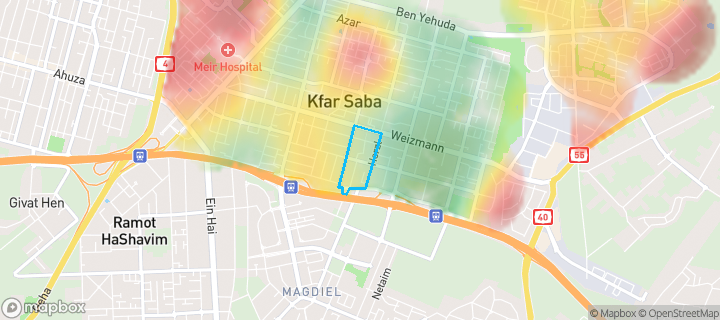 מפת חום של מחירי הנדל"ן בשכונת דרום 1, כפר סבא — אזורים יקרים בגווני חם, אזורים זולים בגווני קר
