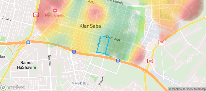 מפת חום של מחירי הנדל"ן בשכונת דרום 2, כפר סבא — אזורים יקרים בגווני חם, אזורים זולים בגווני קר
