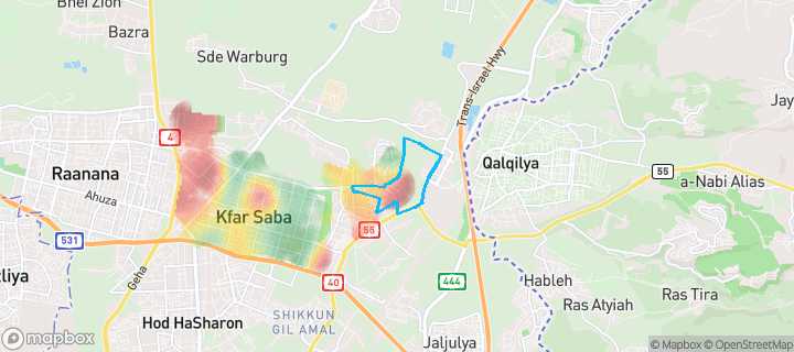 מפת חום של מחירי הנדל"ן בשכונת יוספטל, כפר סבא — אזורים יקרים בגווני חם, אזורים זולים בגווני קר