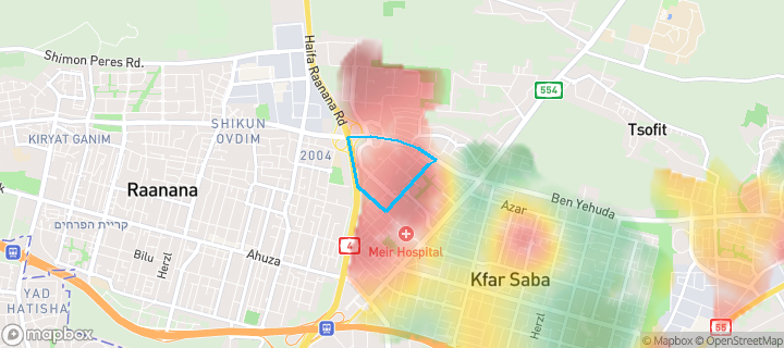 מפת חום של מחירי הנדל"ן בשכונת כפר סבא הירוקה, כפר סבא — אזורים יקרים בגווני חם, אזורים זולים בגווני קר