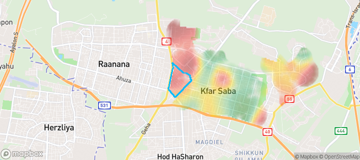 מפת חום של מחירי הנדל"ן בשכונת לסטר, כפר סבא — אזורים יקרים בגווני חם, אזורים זולים בגווני קר