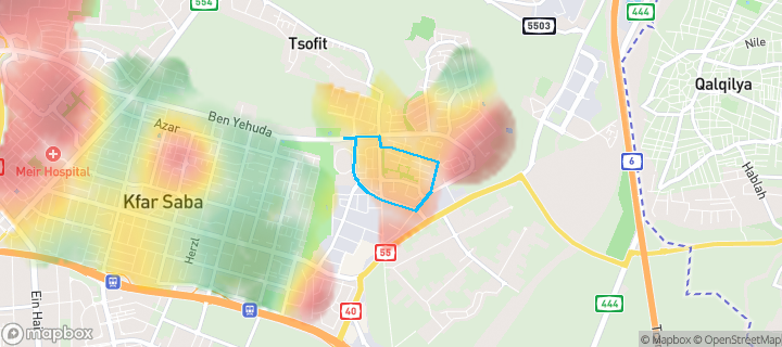מפת חום של מחירי הנדל"ן בשכונת מזרח 2, כפר סבא — אזורים יקרים בגווני חם, אזורים זולים בגווני קר