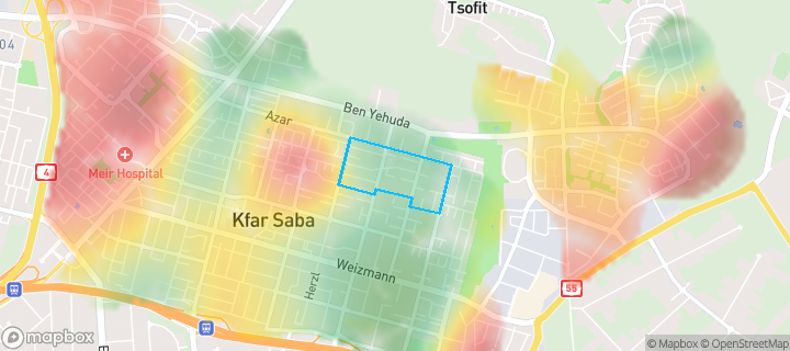 מפת חום של מחירי הנדל"ן בשכונת מזרח 4, כפר סבא — אזורים יקרים בגווני חם, אזורים זולים בגווני קר