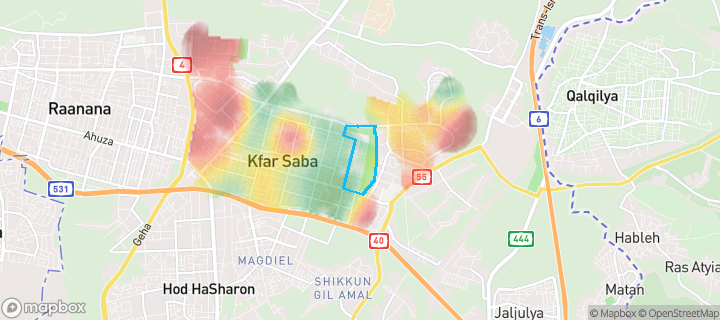 מפת חום של מחירי הנדל"ן בשכונת מזרח 5, כפר סבא — אזורים יקרים בגווני חם, אזורים זולים בגווני קר