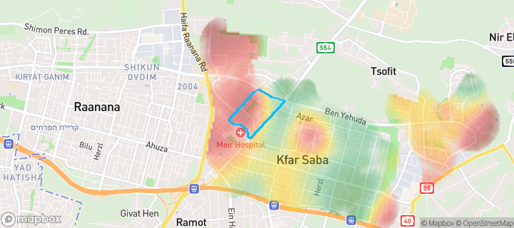 מפת חום של מחירי הנדל"ן בשכונת מערב 1, כפר סבא — אזורים יקרים בגווני חם, אזורים זולים בגווני קר