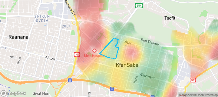 מפת חום של מחירי הנדל"ן בשכונת מערב 2, כפר סבא — אזורים יקרים בגווני חם, אזורים זולים בגווני קר