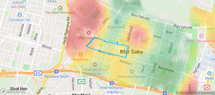 מפת חום של מחירי הנדל"ן בשכונת מערב 3, כפר סבא — אזורים יקרים בגווני חם, אזורים זולים בגווני קר