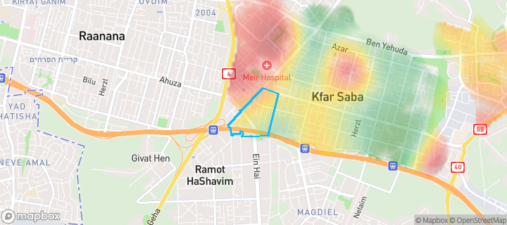 מפת חום של מחירי הנדל"ן בשכונת מערב 4, כפר סבא — אזורים יקרים בגווני חם, אזורים זולים בגווני קר