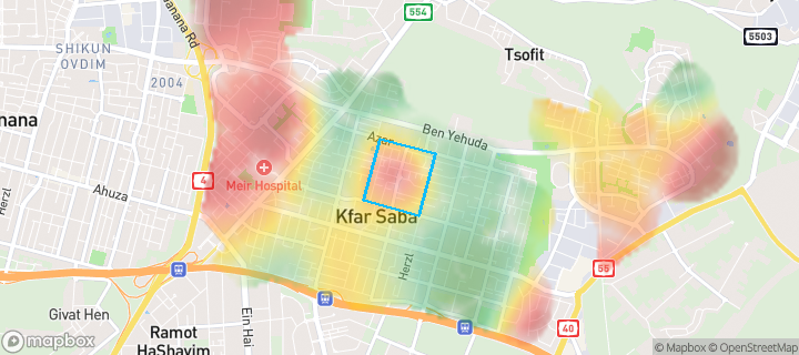 מפת חום של מחירי הנדל"ן בשכונת מרכז, כפר סבא — אזורים יקרים בגווני חם, אזורים זולים בגווני קר