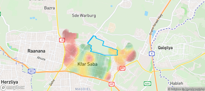 מפת חום של מחירי הנדל"ן בשכונת צפון מזרח, כפר סבא — אזורים יקרים בגווני חם, אזורים זולים בגווני קר