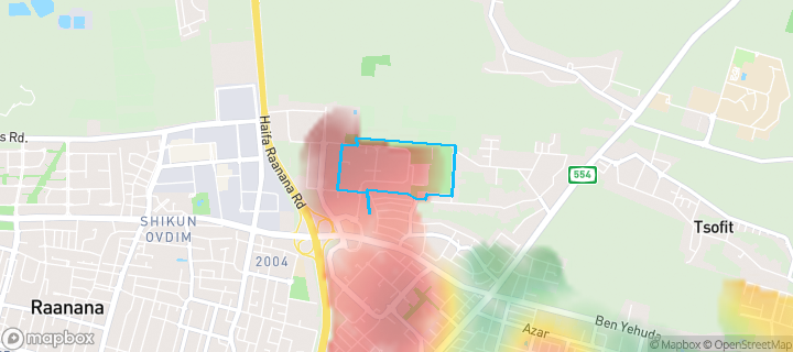 מפת חום של מחירי הנדל"ן בשכונת צפון מערב 1, כפר סבא — אזורים יקרים בגווני חם, אזורים זולים בגווני קר