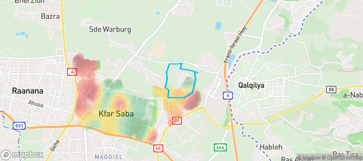 מפת חום של מחירי הנדל"ן בשכונת קפלן, כפר סבא — אזורים יקרים בגווני חם, אזורים זולים בגווני קר