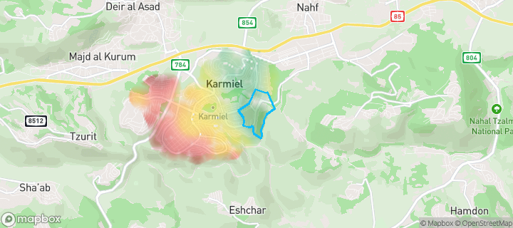 מפת חום של מחירי הנדל"ן בשכונת אשכול, כרמיאל — אזורים יקרים בגווני חם, אזורים זולים בגווני קר