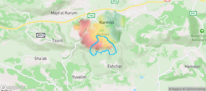 מפת חום של מחירי הנדל"ן בשכונת גבעת מכוש, כרמיאל — אזורים יקרים בגווני חם, אזורים זולים בגווני קר