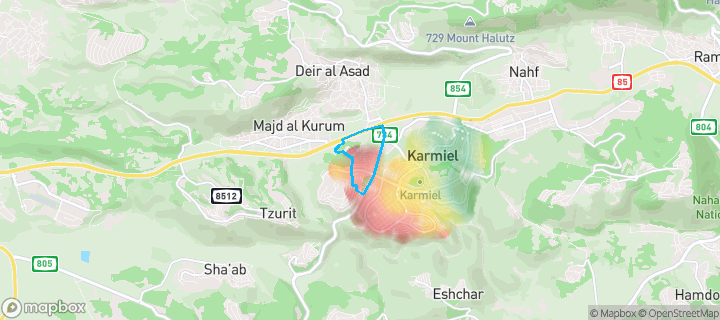 מפת חום של מחירי הנדל"ן בשכונת גבעת רם, כרמיאל — אזורים יקרים בגווני חם, אזורים זולים בגווני קר