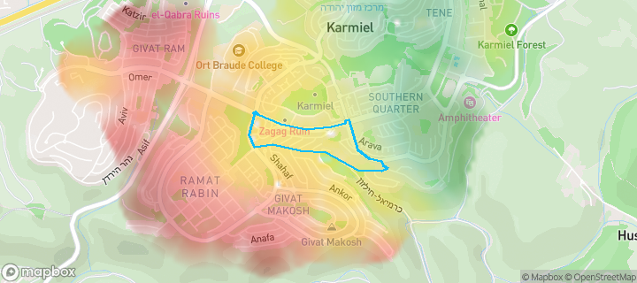 מפת חום של מחירי הנדל"ן בשכונת האירוסים, כרמיאל — אזורים יקרים בגווני חם, אזורים זולים בגווני קר