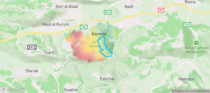 מפת חום של מחירי הנדל"ן בשכונת הערבה, כרמיאל — אזורים יקרים בגווני חם, אזורים זולים בגווני קר