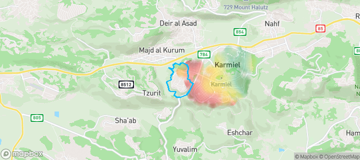 מפת חום של מחירי הנדל"ן בשכונת רמת נבון (הר כרמי), כרמיאל — אזורים יקרים בגווני חם, אזורים זולים בגווני קר