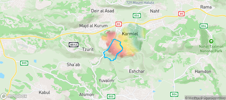 מפת חום של מחירי הנדל"ן בשכונת רמת רבין, כרמיאל — אזורים יקרים בגווני חם, אזורים זולים בגווני קר