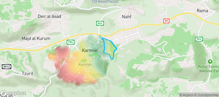 מפת חום של מחירי הנדל"ן בשכונת שיכון המייסדים, כרמיאל — אזורים יקרים בגווני חם, אזורים זולים בגווני קר