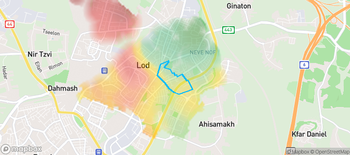 מפת חום של מחירי הנדל"ן בשכונת גבעת הזיתים, לוד — אזורים יקרים בגווני חם, אזורים זולים בגווני קר