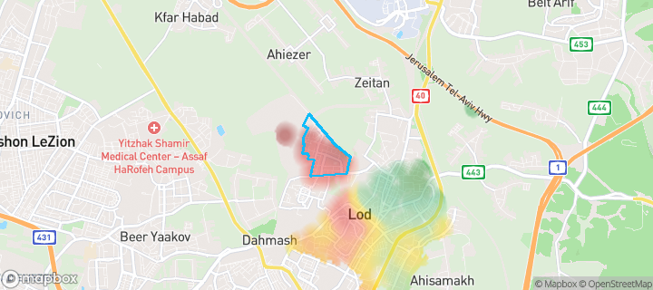 מפת חום של מחירי הנדל"ן בשכונת גני אביב, לוד — אזורים יקרים בגווני חם, אזורים זולים בגווני קר