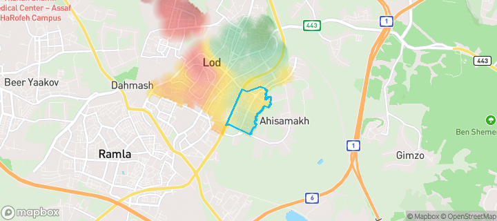 מפת חום של מחירי הנדל"ן בשכונת גני איילון, לוד — אזורים יקרים בגווני חם, אזורים זולים בגווני קר