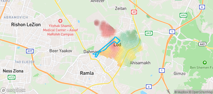 מפת חום של מחירי הנדל"ן בשכונת הרכבת, לוד — אזורים יקרים בגווני חם, אזורים זולים בגווני קר