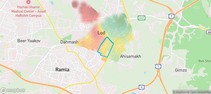 מפת חום של מחירי הנדל"ן בשכונת לוד הצעירה, לוד — אזורים יקרים בגווני חם, אזורים זולים בגווני קר