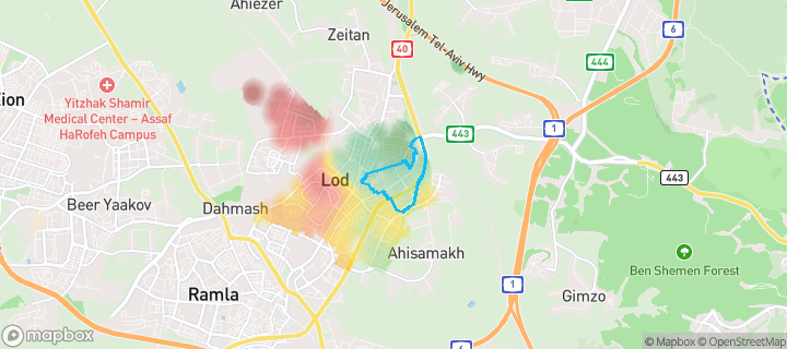 מפת חום של מחירי הנדל"ן בשכונת משמר נוף, לוד — אזורים יקרים בגווני חם, אזורים זולים בגווני קר