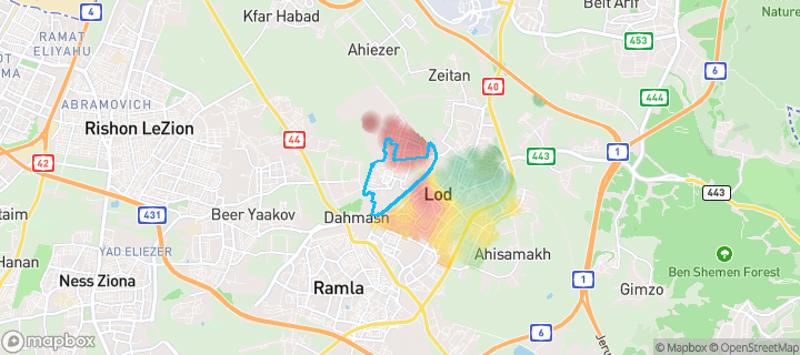 מפת חום של מחירי הנדל"ן בשכונת נוה שלום, לוד — אזורים יקרים בגווני חם, אזורים זולים בגווני קר