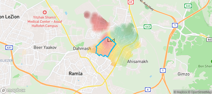 מפת חום של מחירי הנדל"ן בשכונת נווה זית, לוד — אזורים יקרים בגווני חם, אזורים זולים בגווני קר