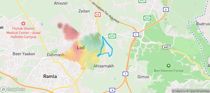 מפת חום של מחירי הנדל"ן בשכונת נווה נוף, לוד — אזורים יקרים בגווני חם, אזורים זולים בגווני קר