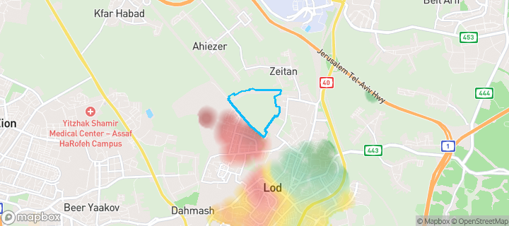מפת חום של מחירי הנדל"ן בשכונת צפון, לוד — אזורים יקרים בגווני חם, אזורים זולים בגווני קר