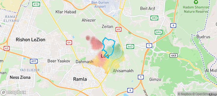 מפת חום של מחירי הנדל"ן בשכונת רמת אלישיב, לוד — אזורים יקרים בגווני חם, אזורים זולים בגווני קר