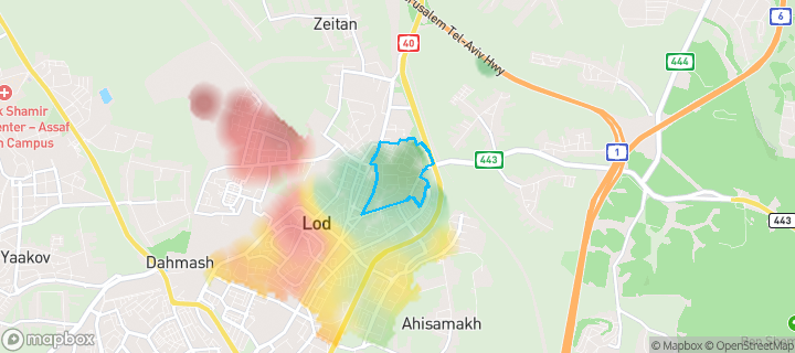 מפת חום של מחירי הנדל"ן בשכונת רמת אשכול, לוד — אזורים יקרים בגווני חם, אזורים זולים בגווני קר