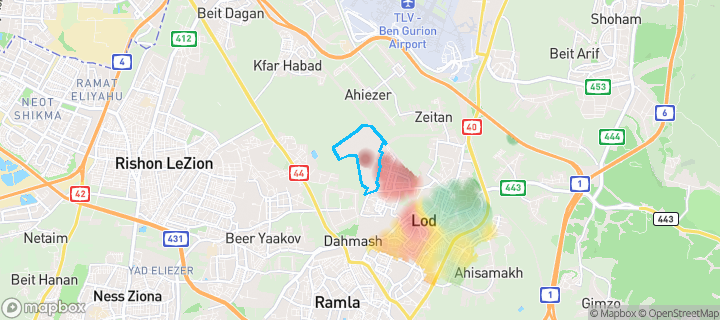 מפת חום של מחירי הנדל"ן בשכונת שניר, לוד — אזורים יקרים בגווני חם, אזורים זולים בגווני קר