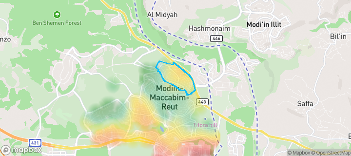 מפת חום של מחירי הנדל"ן בשכונת הכרמים, מודיעין מכבים רעות — אזורים יקרים בגווני חם, אזורים זולים בגווני קר
