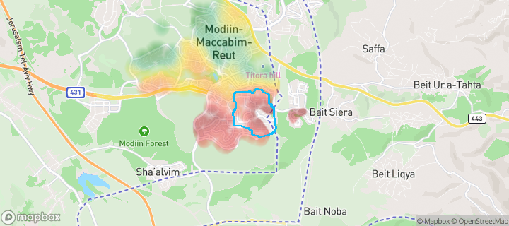 מפת חום של מחירי הנדל"ן בשכונת רעות, מודיעין-מכבים-רעות — אזורים יקרים בגווני חם, אזורים זולים בגווני קר