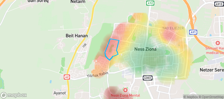 מפת חום של מחירי הנדל"ן בשכונת ארגמן, נס ציונה — אזורים יקרים בגווני חם, אזורים זולים בגווני קר