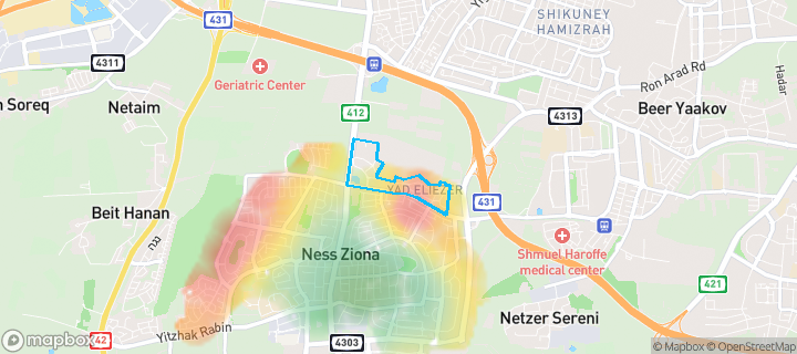 מפת חום של מחירי הנדל"ן בשכונת גבעת הצבר, נס ציונה — אזורים יקרים בגווני חם, אזורים זולים בגווני קר